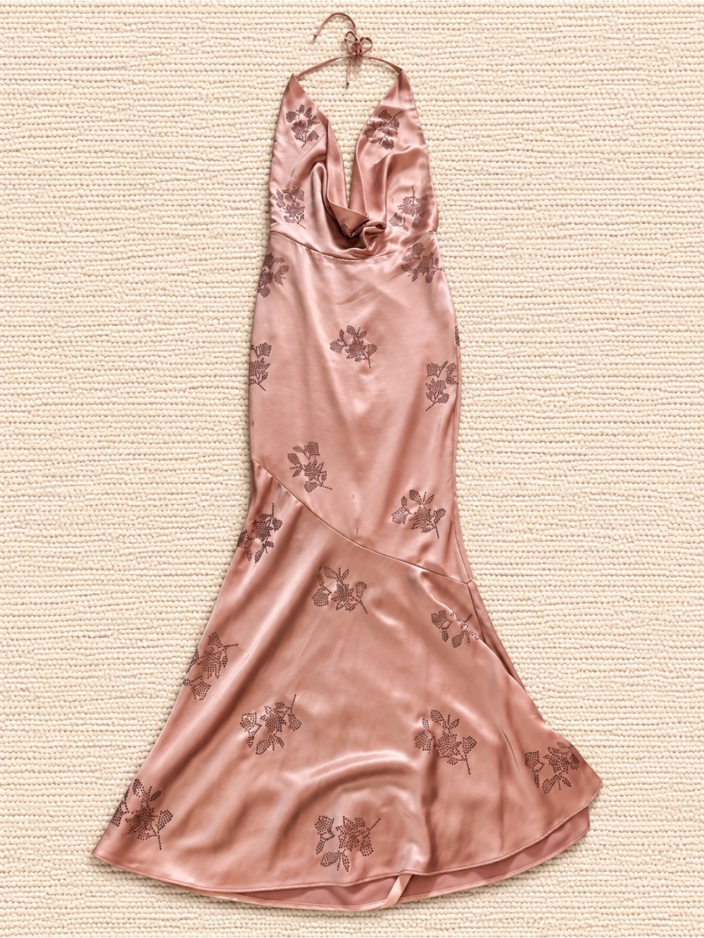 Oh Polly Dusty Pink Backless Satin Halter Dress with Floral Appliqué